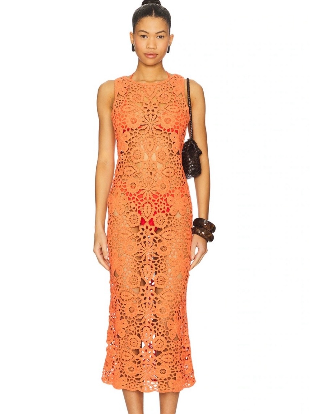 SNDYS Revolve tala maxi dress swim cover up Sleeveless Orange Crochet size XS